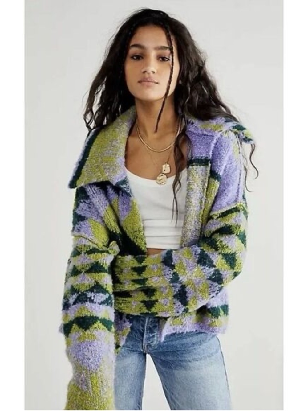 Free People One and Another Green Purple Boho Cardigan Sweater in Size Small